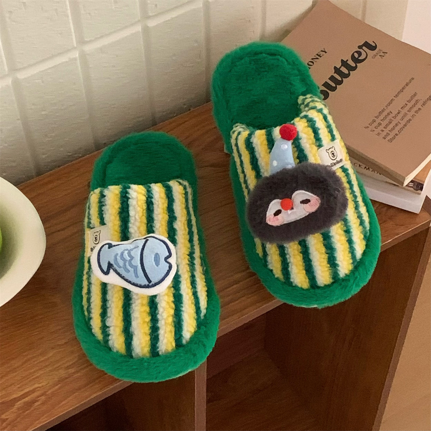 细细条 情侣撞色条纹防滑居家棉拖鞋秋冬可爱企鹅小鱼毛毛鞋男女,淘宝优惠券,粉丝福利购,淘宝优惠卷
