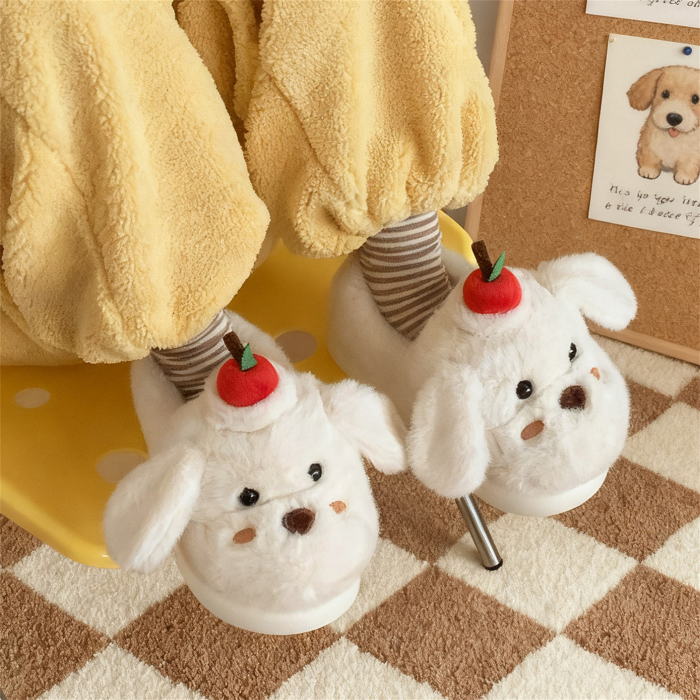 细细条 防滑保暖女家用棉拖鞋舒适可爱软萌苹果小狗学生毛毛鞋冬,淘宝优惠券,粉丝福利购,淘宝优惠卷