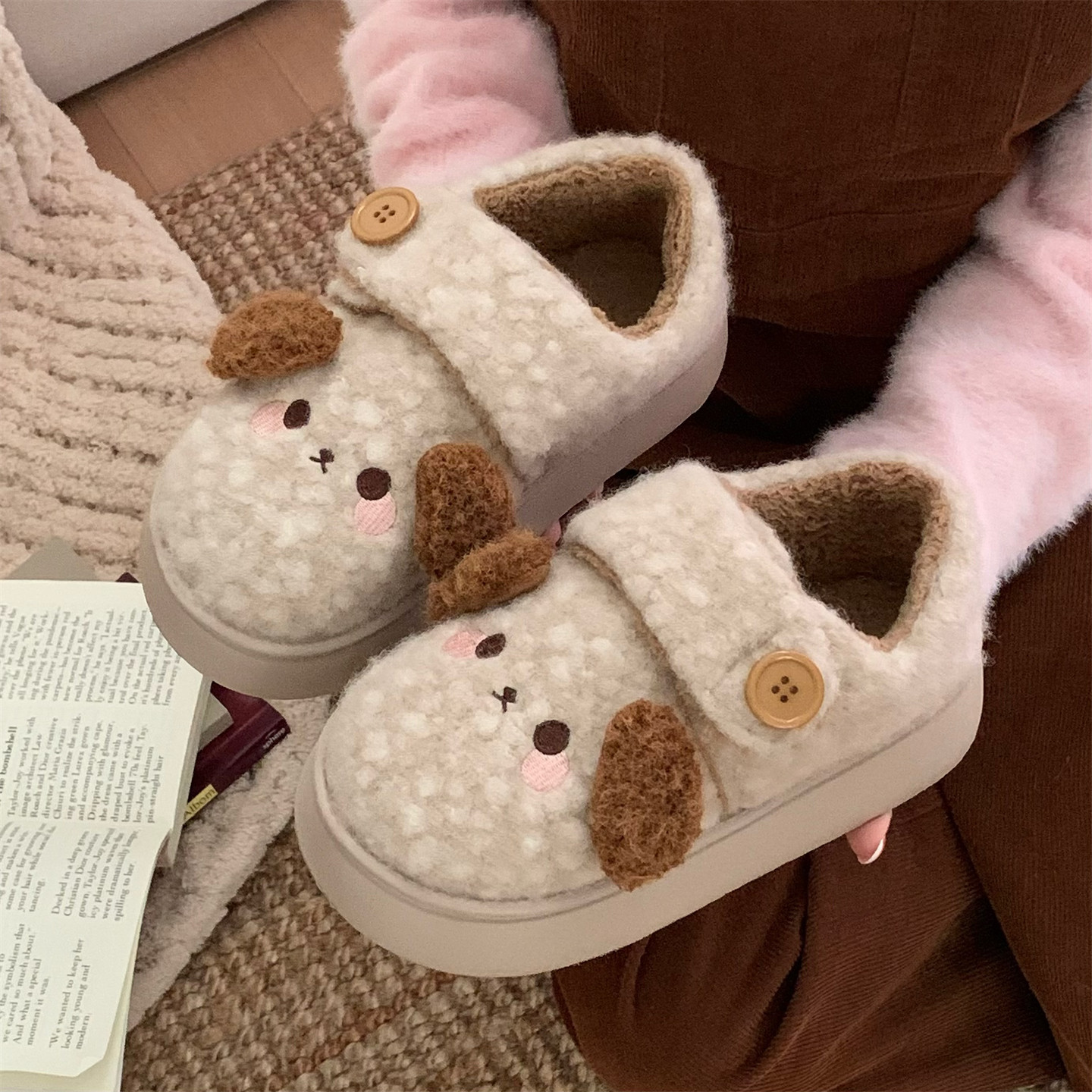 细细条 呆萌狗狗趣味可爱面包鞋冬户外女士保暖防滑魔术贴ins棉鞋,淘宝优惠券,粉丝福利购,淘宝优惠卷