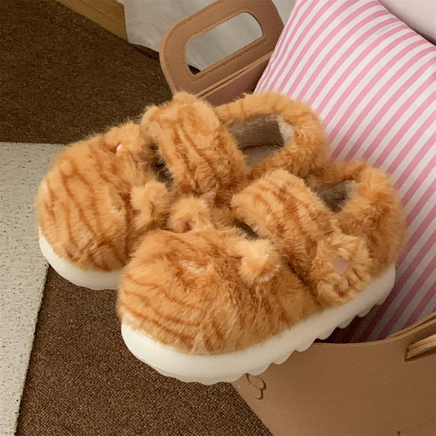 细细条 女冬厚底防滑软萌猫耳豆豆鞋魔术贴毛毛鞋可爱橘猫纹棉鞋,淘宝优惠券,粉丝福利购,淘宝优惠卷