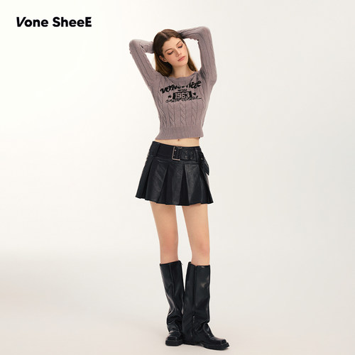 Vone SheeE 美式复古擦色皮裙百褶半身裙女辣妹短款a字裙2025新款 - 图2