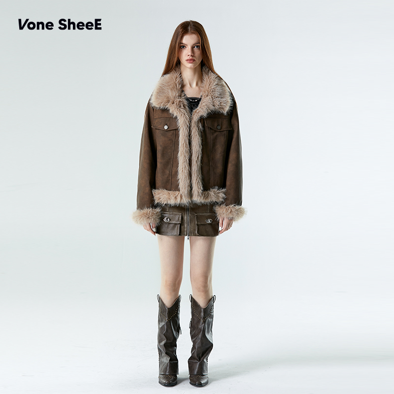 Vone SheeE美式复古毛毛外套冬2023新款皮草机车服皮毛一体外套女