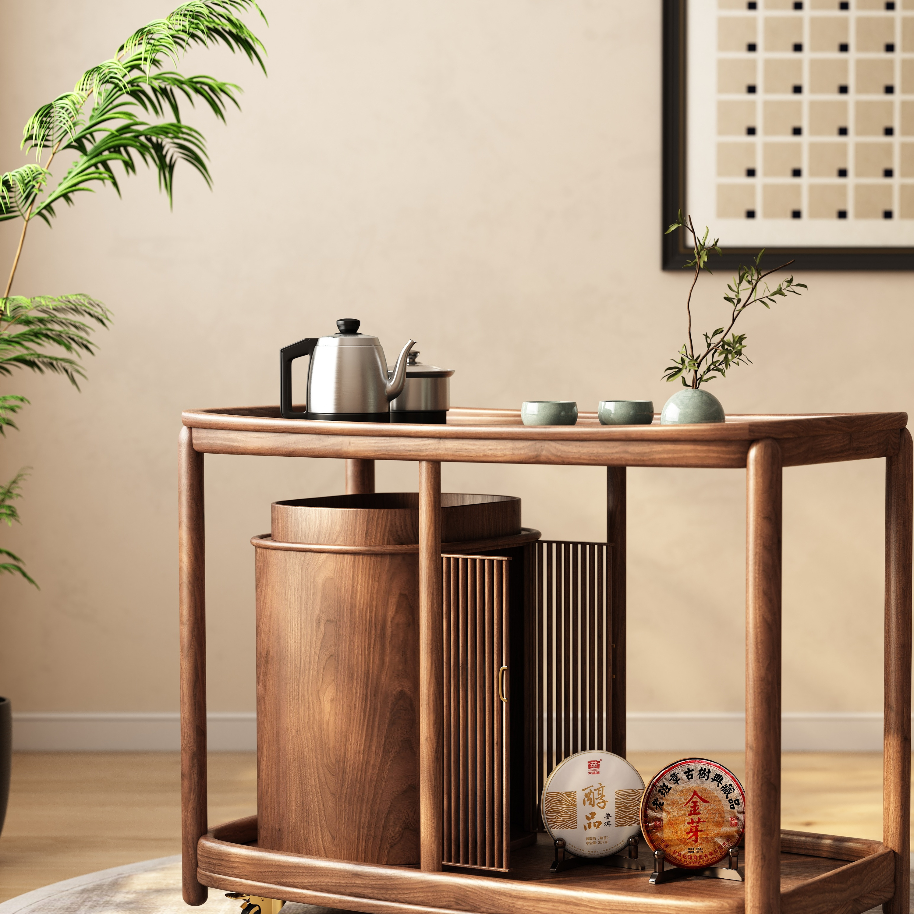 实木阳台茶桌家用小户型现代简约新中式茶台桌黑胡桃色移动小茶车 - 图2