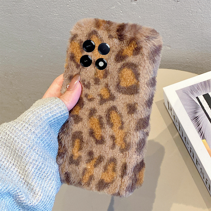 韩系棕色豹纹适用小米红米k80手机壳k70pro撞色k60e至尊版k50毛绒绒turbo4毛茸茸3秋冬季k40s软k30s/k30i/12x - 图1