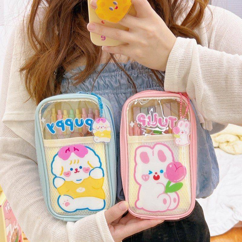 卡通笔袋日系女原创五层透明ins笔盒PVC铅笔盒网红兔儿童可爱芮芮,淘宝优惠券,粉丝福利购,淘宝优惠卷