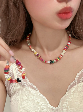2025新款夏日多巴胺彩色蘑菇串珠项链高级感锁骨链小清新百搭项链