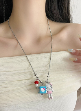 萌趣卡通KT猫方块吊坠项链小众创意设计锁骨链可爱少女心百搭项饰