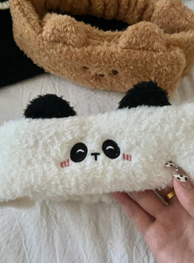 可爱魔术贴小熊熊猫宽边毛绒发带可爱居家洗漱束发带宽边发箍发饰