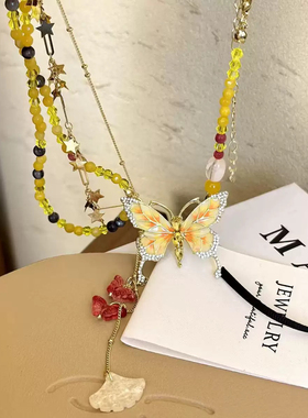 甜酷镶钻滴油蝴蝶珍珠双层叠戴风星星项链女辣妹超仙少女流苏颈链