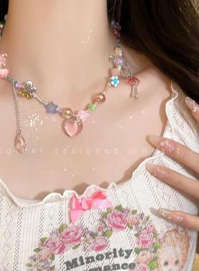 头号甜妹！彩色串珠爱心糖果项链女夏小众设计感颈链多巴胺锁骨链