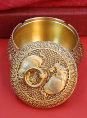 黄铜五牛烟灰缸带盖家用客