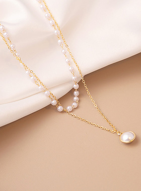 韩式新品潮款双层链式珍珠拼接吊坠项链精致唯美轻奢感项坠女