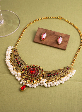 复古金属欧美项链耳环套装 新款波西米亚民族风圆形镶钻珍珠耳钉