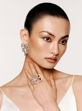 【精选礼物】MOH动物絮语系列天鹅舞缎带蝴蝶结女戒水晶珍珠戒指