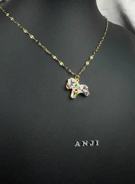 琛帆澄百货臻选阁2钛钢项链 满钻小马精小众彩色镶嵌炫彩坠链项链