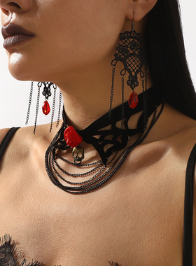 万圣节哥特风黑色链条多层玫瑰项