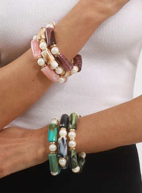 跨境美拉德彩色树脂弹力手镯女晕