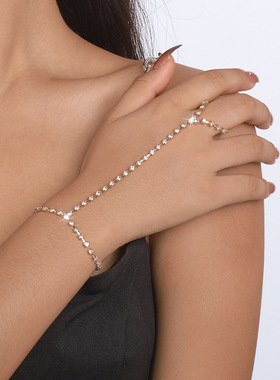 简约网红少女时尚手饰 法式小众爪链水钻气质一体式手链戒指配饰