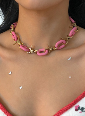 欧美夸张颈链女粗链条撞色设计感