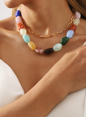 欧美夏日多巴胺树脂串珠高端项链 设计感小众彩色手工叠戴choker