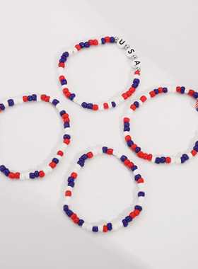 新款美国国旗亚克力字母高端手链 美国独立日多层串珠弹力手环女