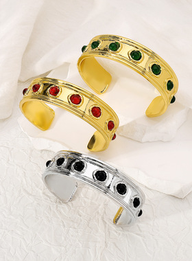 欧美复古风小众宽面纹理镶宝石开