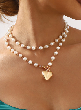 欧美小众设计双层珍珠合金爱心吊