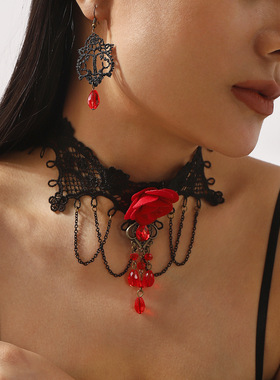 个性暗黑系玫瑰花蕾丝项链耳环甜