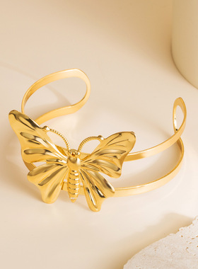 跨境新款创意精致小动物金属金色立体蝴蝶女士双层开口高端手镯