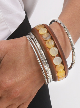 秋冬款几何镶树脂木头手镯气质百