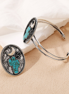 西部牛仔风复古做旧月下玫瑰仙人掌手镯欧美个性创意几何圆盘戒指