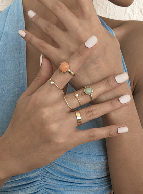 跨境简约时尚新款仿钻复古高端戒指女几何仿珍珠气质性感关节戒女