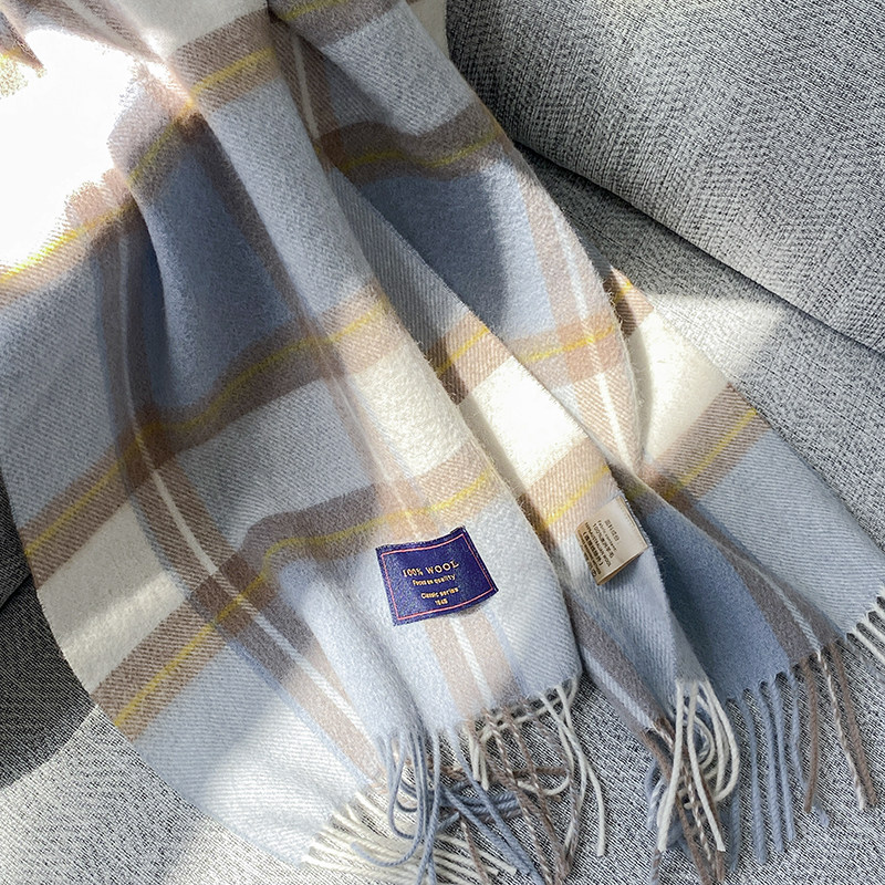 冬季新款100%澳洲羊毛围巾女格纹提花保暖加厚粉色围脖送朋友礼物