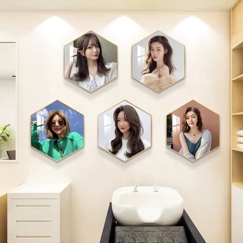 理发店墙面装饰画发廊网红发型图片六边形美发店挂画沙发背景墙画,淘宝优惠券,粉丝福利购,淘宝优惠卷