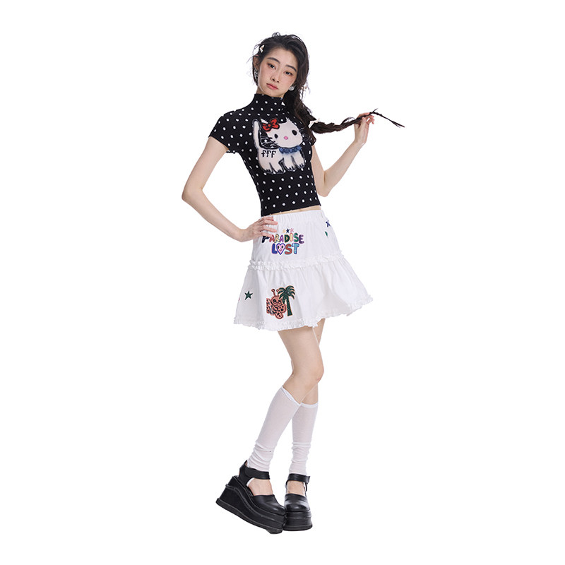 MOF少女百货 田曦薇同款褶皱上衣童趣涂鸦短袖T恤透气正肩短袖t恤