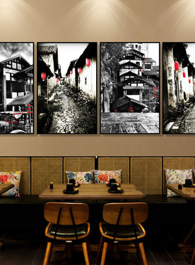 老重庆黑白建筑挂画民国风怀旧麻辣火锅店挂画咖啡店湘川菜馆壁画