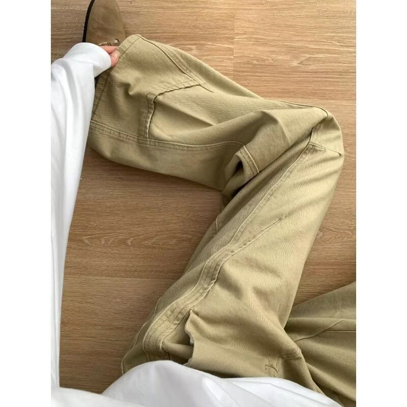 卡其色阔腿牛仔裤女2025年春新款设计感美式工装宽松直筒拖地裤子 - 图0