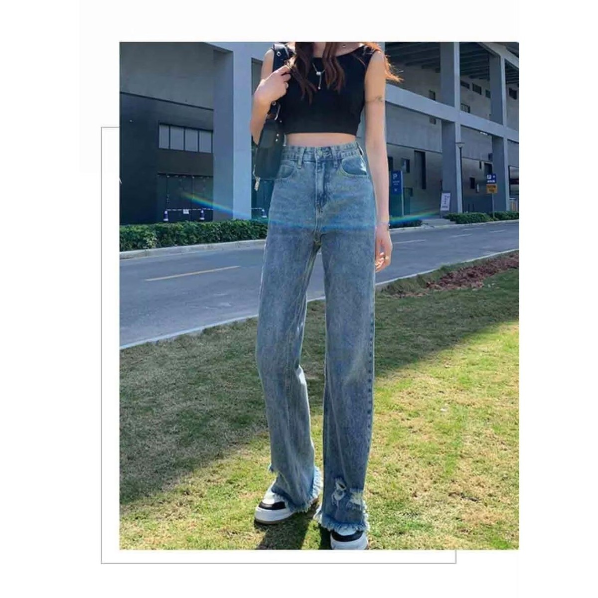 毛边破洞直筒裤女小个子春秋2025新款宽松高街vibe设计感九分裤潮,淘宝优惠券,粉丝福利购,淘宝优惠卷