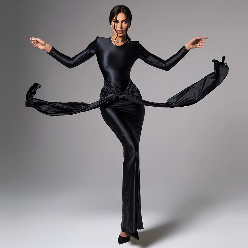 欧美名媛风冬季新款时尚气质长袖收腰绑带缎面优雅显瘦长款连衣裙,淘宝优惠券,粉丝福利购,淘宝优惠卷