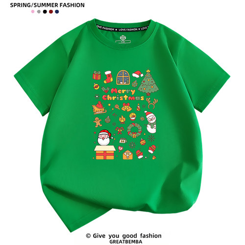 Christmas圣诞老人麋鹿红色绿色圣诞节T恤男女儿童圣诞亲子装大码 - 图3