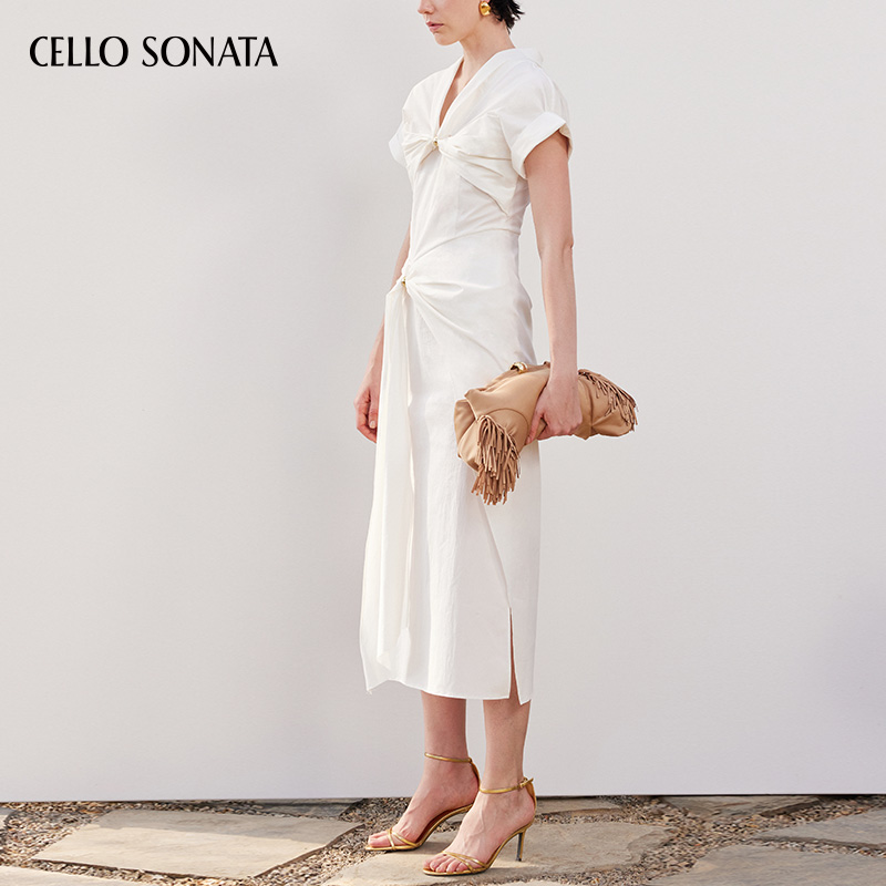 Cello Sonata SS24春夏新品 金属珠衬衫开衩长裙 - 图0