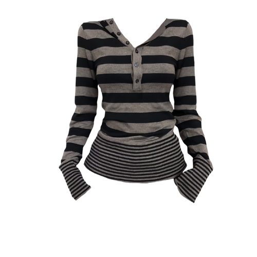 大码胖MM美式复古连帽条纹T恤女2025新款收腰显瘦设计感长袖上衣 - 图2