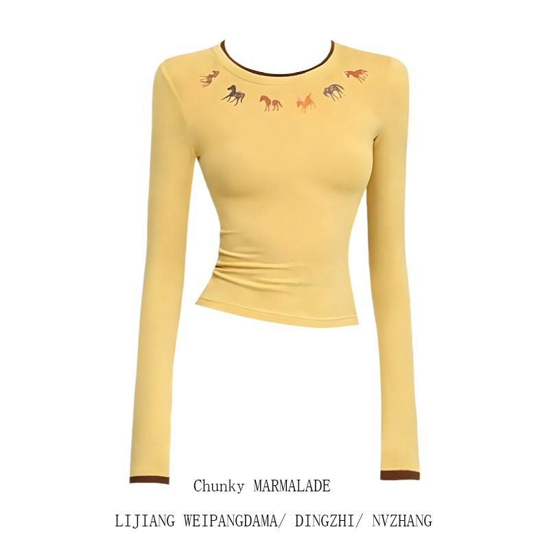 大码撞色圆领小马印花长袖打底衫T恤女2026韩系小众显瘦正肩上衣,淘宝优惠券,粉丝福利购,淘宝优惠卷