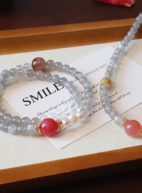 原创新款天然灰月光石双圈手串搭配盐源转运珠设计款小众高级感