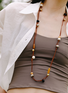 LAZY CIRCLES果实跳跃项链女棕色皮绳腰链两用波西米亚度假风配饰