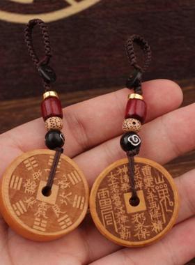 山鬼花钱吊坠项链男女挂件钥匙扣中式铜钱平安扣真桃木山鬼花钱