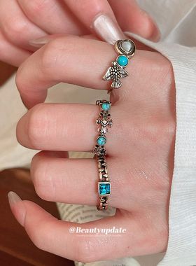 中古vintage镶钻树脂开口戒指小