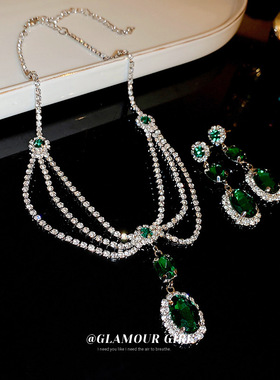 银针镶钻多层项链耳环套装