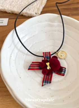 植绒蝴蝶结小熊吊坠项链个性日常