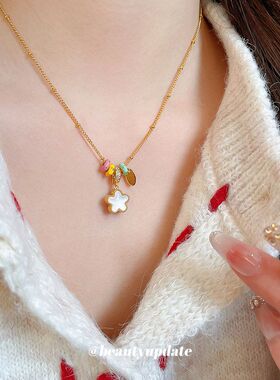 金属滴油串珠双面花朵项链精致